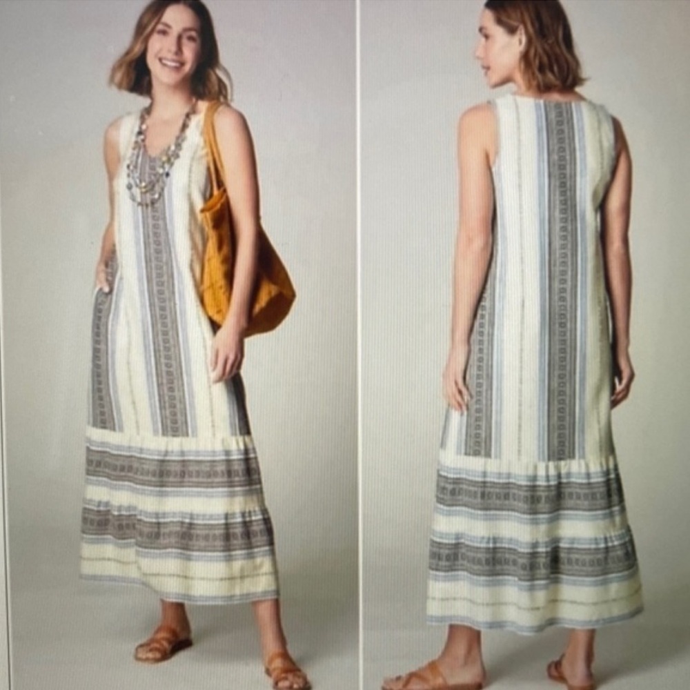 J. Jill Cream and Gray Sleeveless Maxi Sundress Size Small Cotton